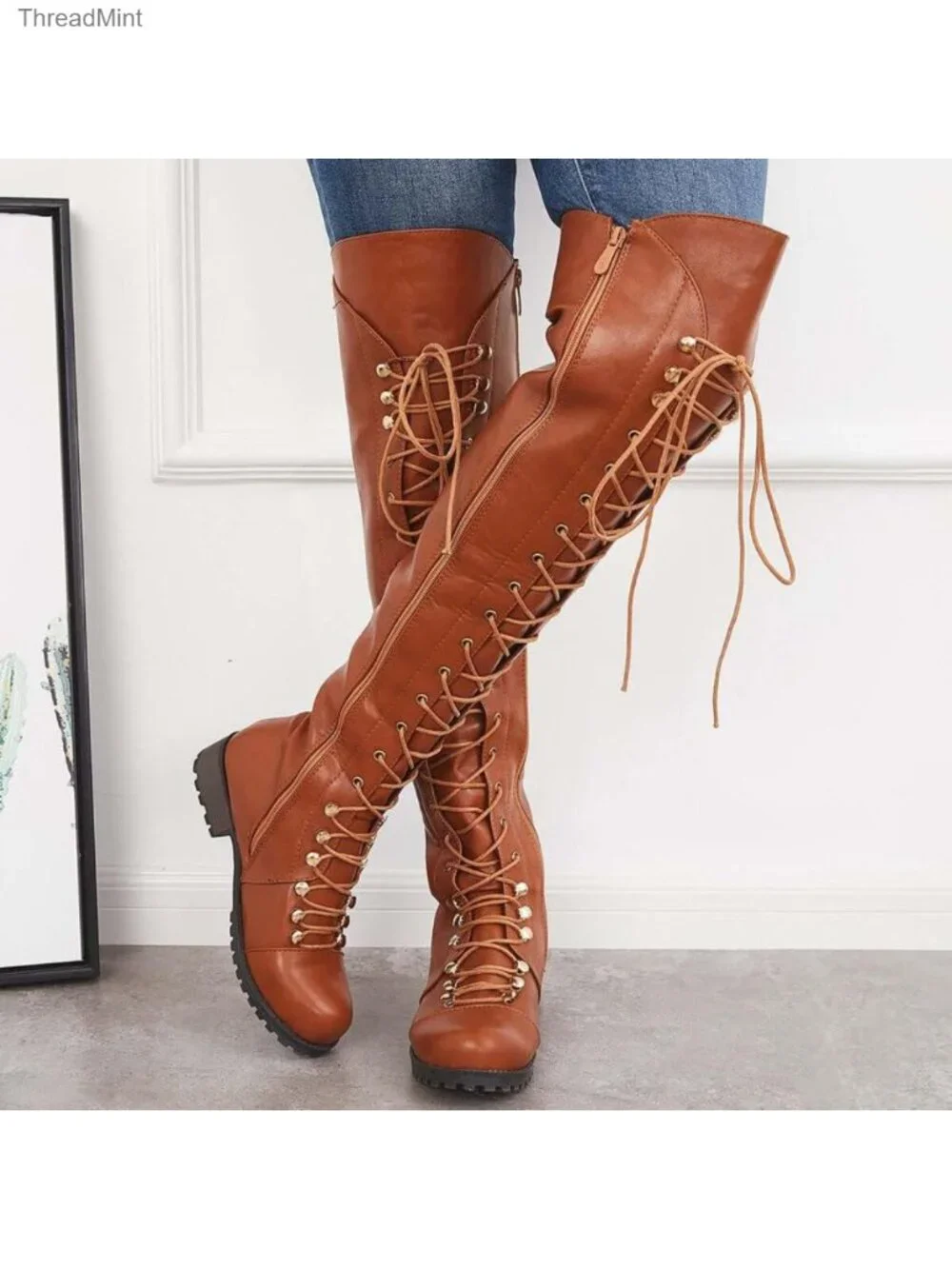 Over The Knee Boots Lace-up Flat Long Boot PU Leather Riding Boot Women